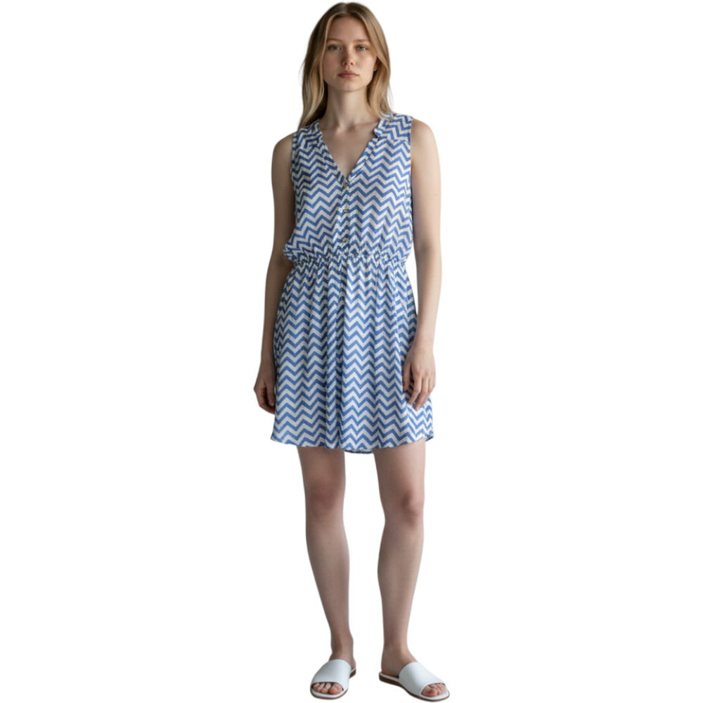 Everly Blue White Chevron Sleeveless Button Front Elastic Waist Mini Dress L USA